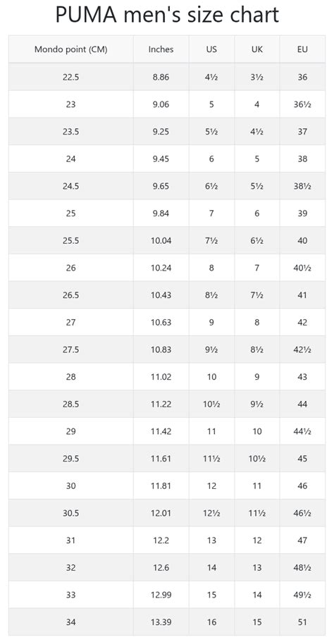 Puma Size Chart Clothing