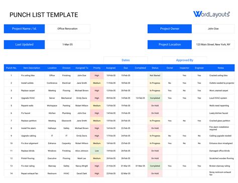 Punch List Template Excel