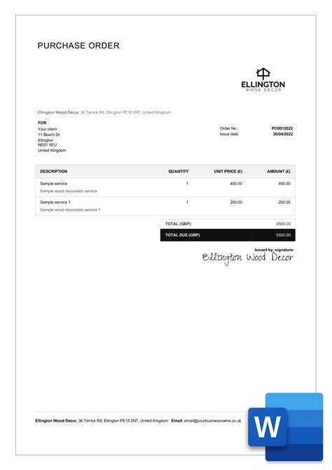 Purchase Order Template In Word