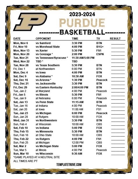 Purdue Basketball Schedule Printable