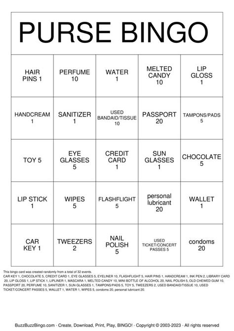 Purse Bingo Template