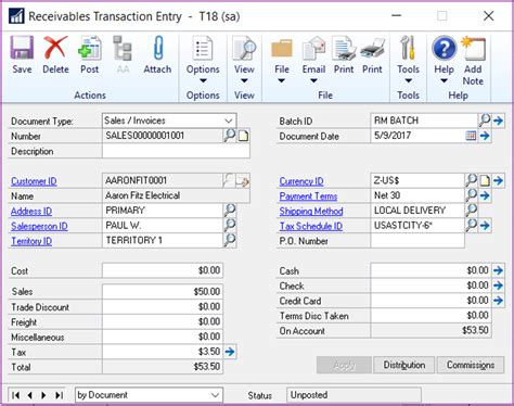 Receivables Transaction Entry Window