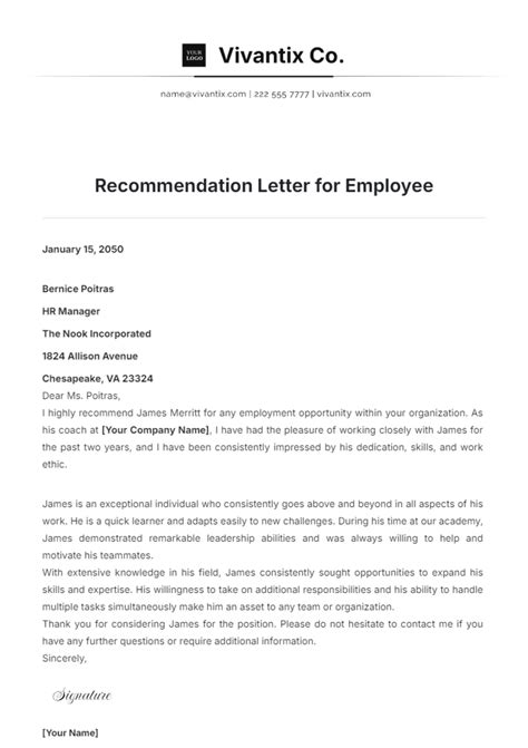 Recommendation Letter Template For Employee