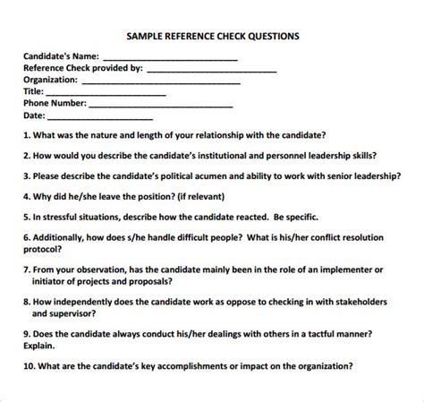 Reference Check Questions Template