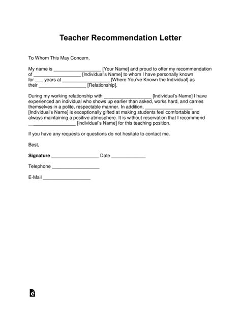 Reference Letter Template For Student From Teacher