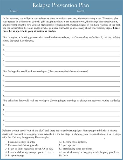 Relapse Prevention Plan Printable