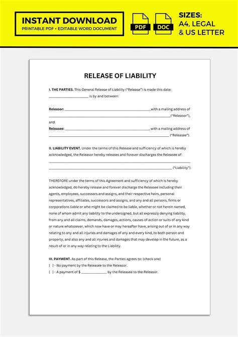 Release Of Responsibility Template