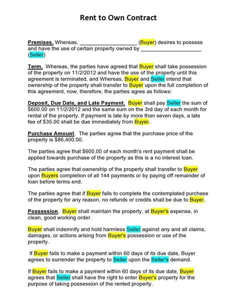 Rent To Own Contract Free Printable