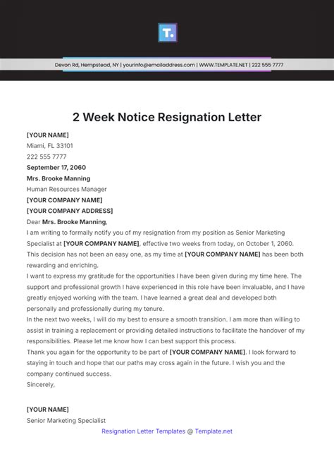 Resignation Template 2 Week Notice Letter