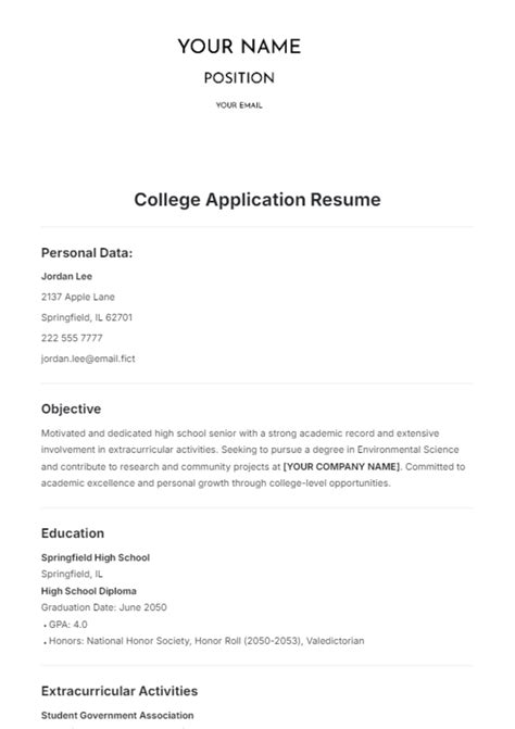 Resume For College Application Template