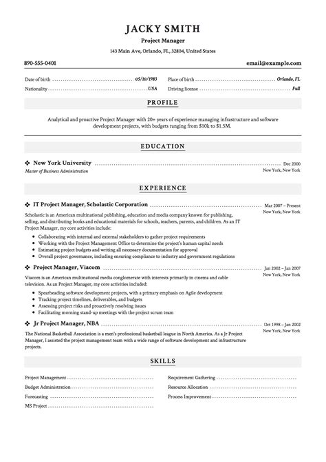 Resume Template For Project Manager