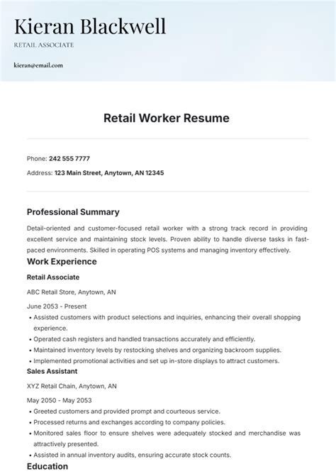 Resume Template For Retail