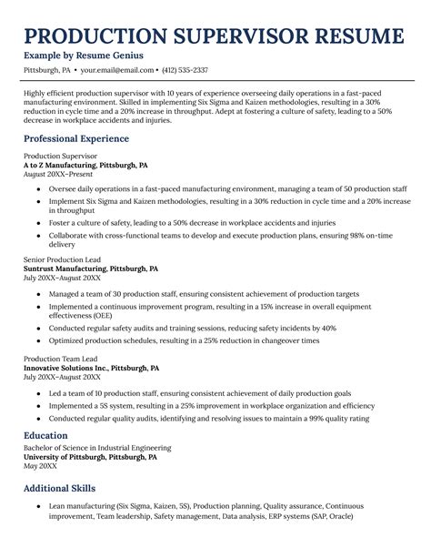Resume Template For Supervisor Position