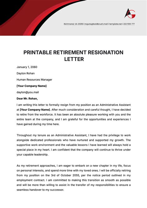 Retirement Letter Of Resignation Template