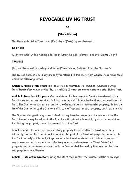 Revocable Living Trust Template Free