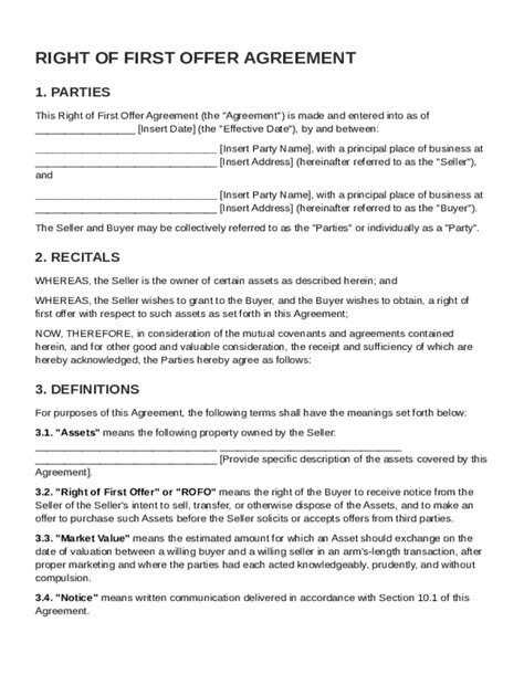 Right Of First Offer Template
