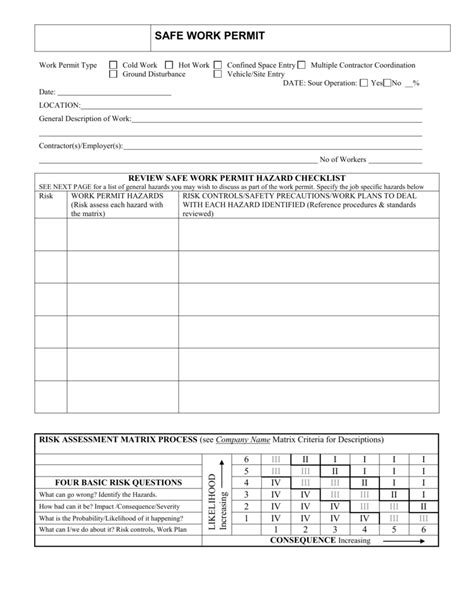 Safe Work Permit Template