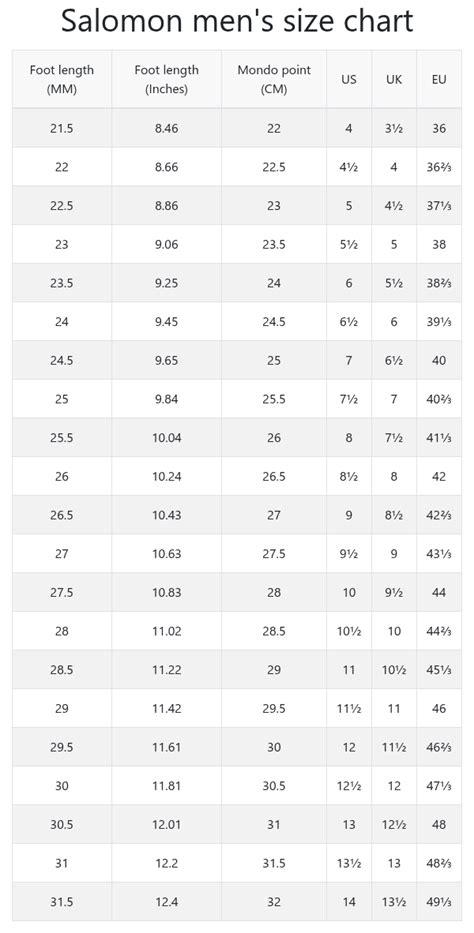 Salomon Shoes Size Chart