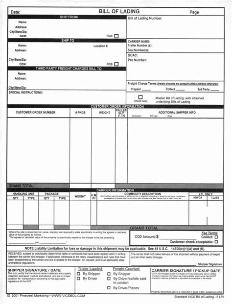 Sample Bill Of Lading Template