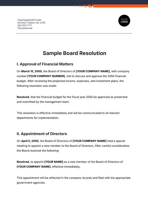 Sample Board Of Directors Resolution Template