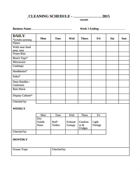 Sample Cleaning Checklist Templates