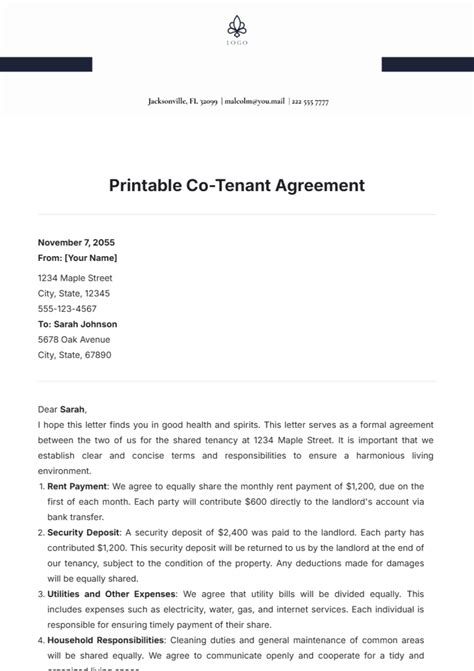 Sample Co Tenant Living Agreements Templates Google Docs