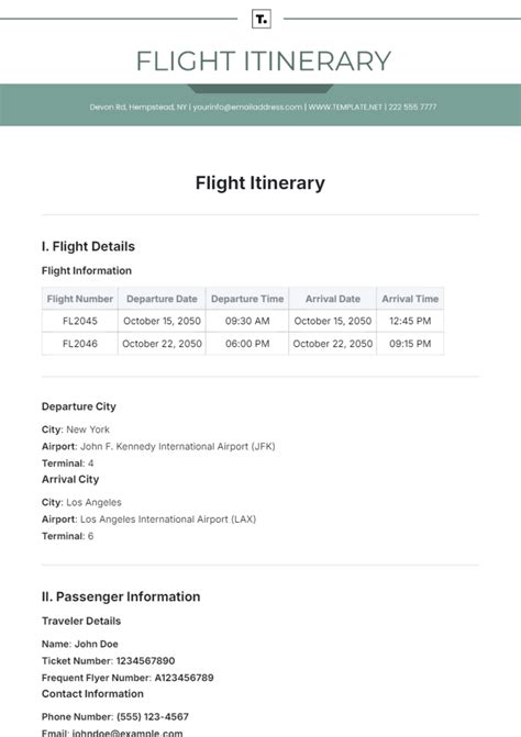 Sample Flight Itinerary Template