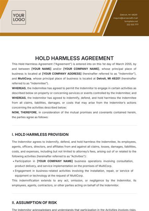 Sample Hold Harmless Agreement Template