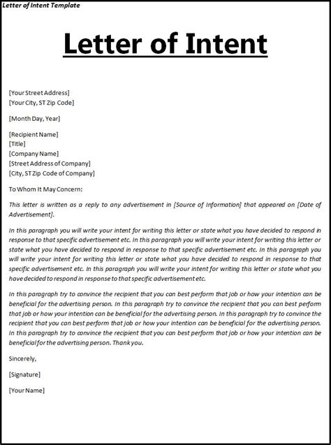 Sample Letter Of Intent Template