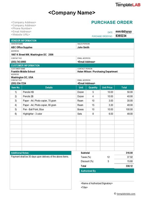 Sample Of Purchase Order Template