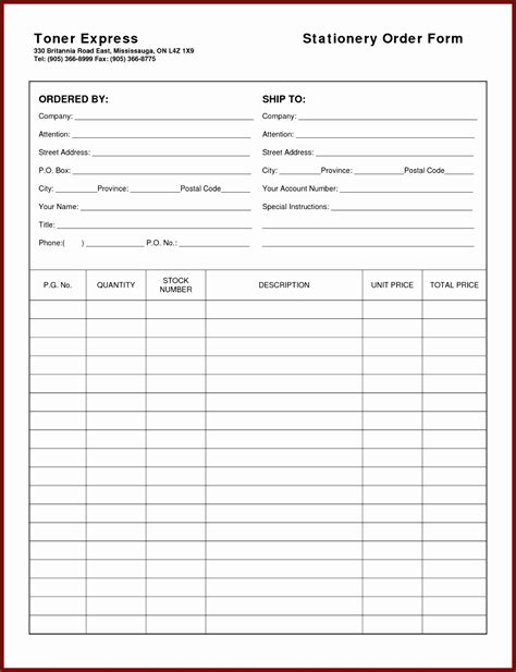 Sample Order Form Template Excel