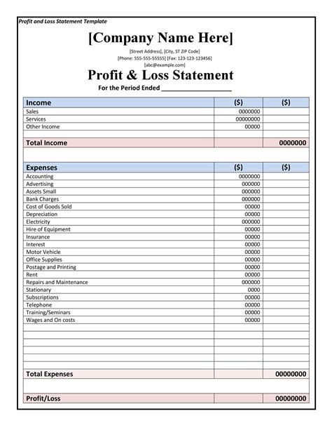 Sample Profit And Loss Template