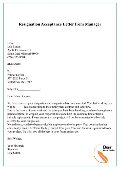 Sample Resignation Acceptance Letter Template