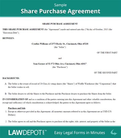 Sample Share Purchase Agreement Template