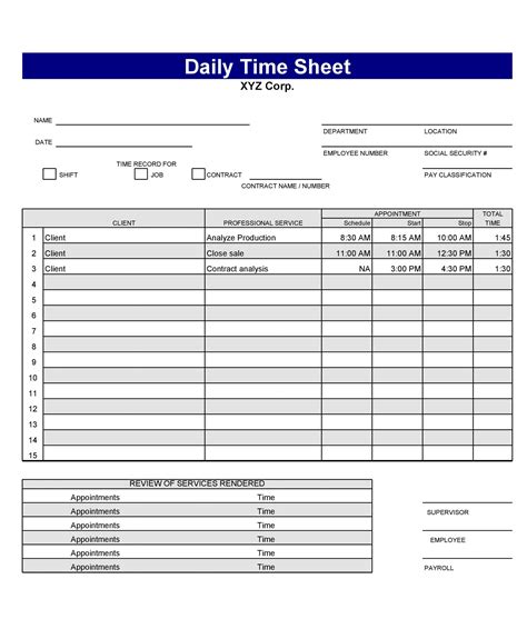 Sample Time Sheet Template