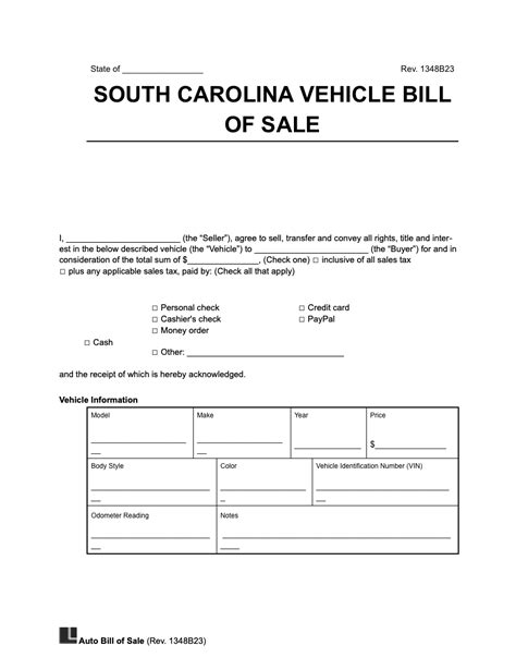 Sc Bill Of Sale Printable
