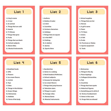 Scattergories Cards Printable