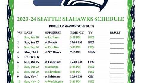 Seattle Seahawks Printable Schedule