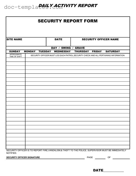 Security Officer Daily Activity Report Template Excel