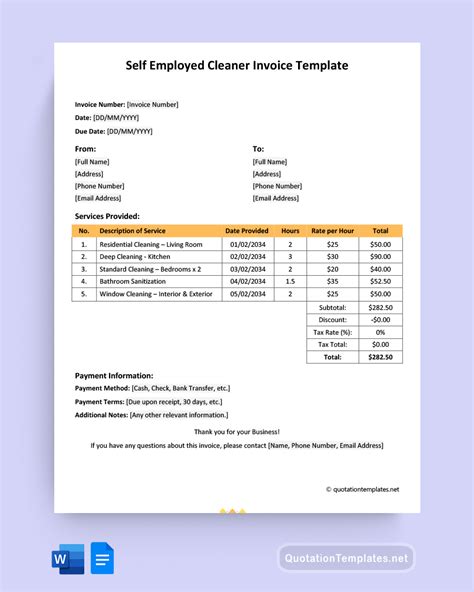 Self Employed Cleaner Invoice Template