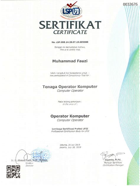 Sertifikat Kompetensi Operator