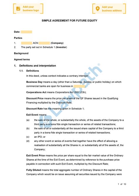 Simple Agreement For Future Equity Template