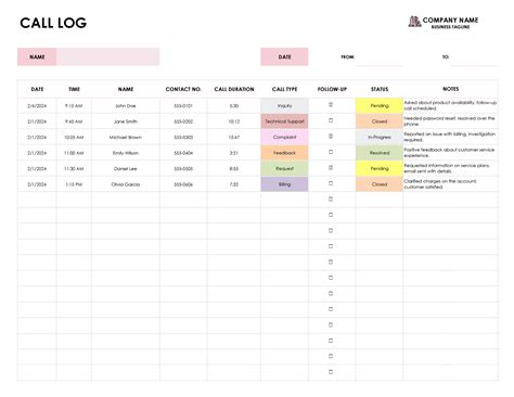 Simple Call Log Template