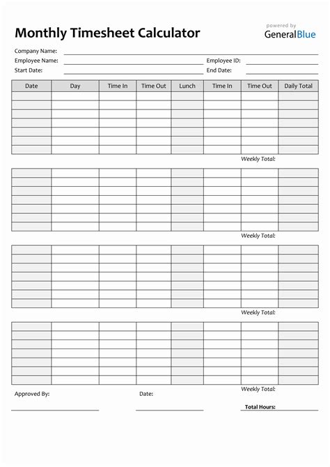 Simple Printable Monthly Timesheet Template
