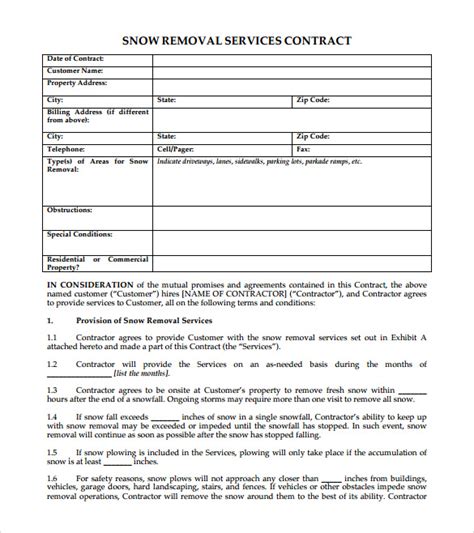Simple Snow Plowing Contract Template Word