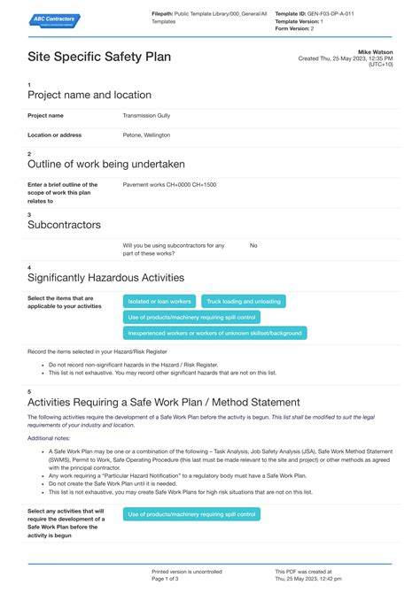 Site Specific Safety Plan Template