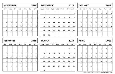 Six Month Calendar Printable