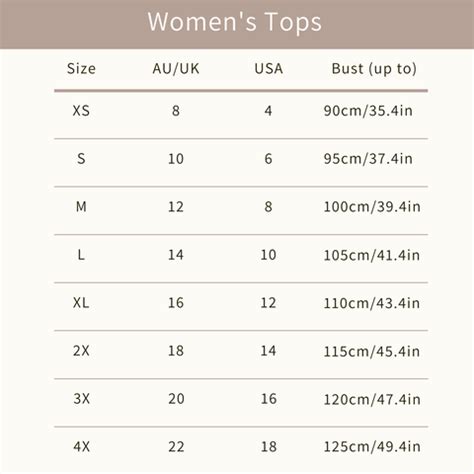 Size Chart For Women's Tops