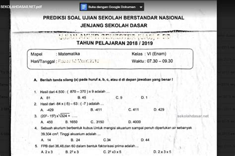 Soal USBN Matematika SD 2019 Indonesia