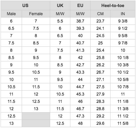 Soccer Cleats Size Chart